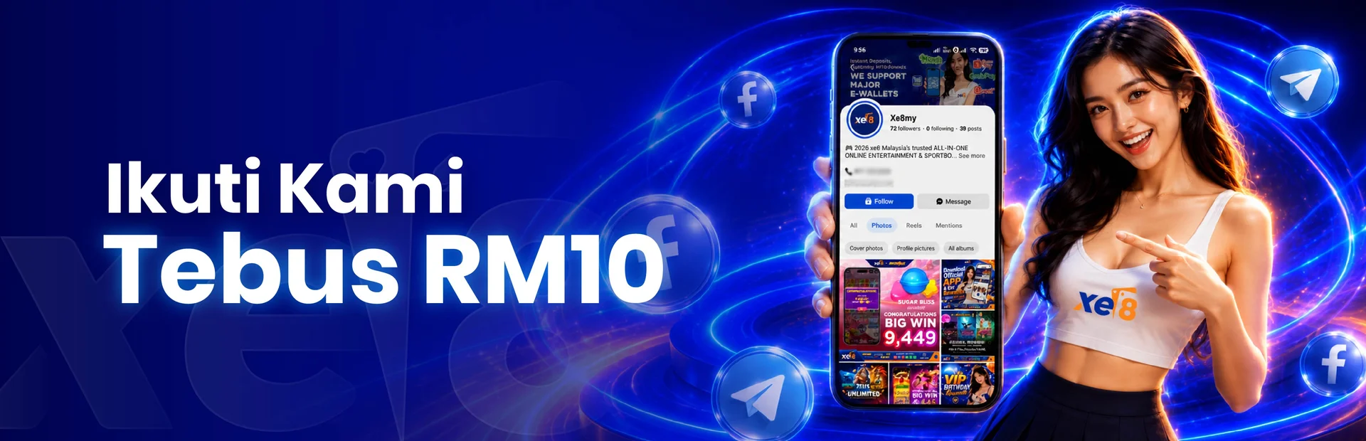 Misi Ahli xe8 — ikuti Facebook dan Telegram kami untuk dapatkan kredit slot percuma RM10