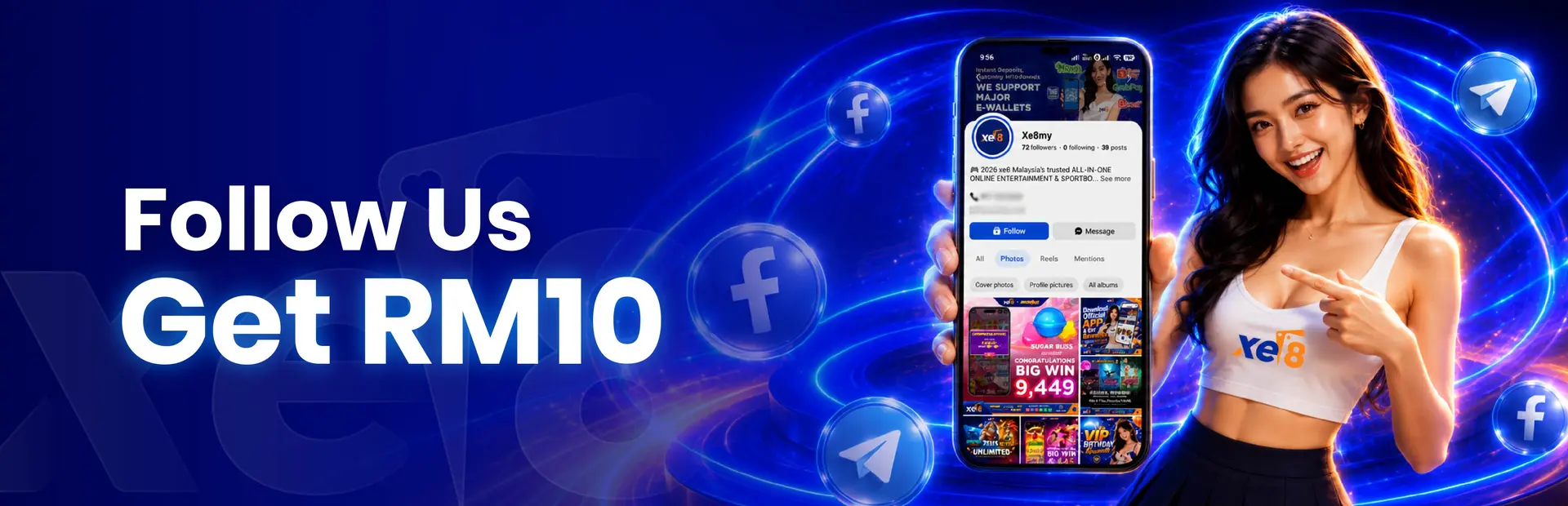 xe8 Member Mission — follow our Facebook and Telegram channels to get RM10 free slot credit