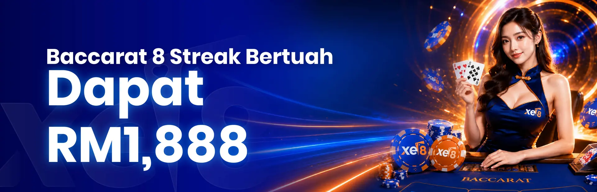 Promosi baccarat Lucky Straight 8 xe8 — menang 8 pusingan berturut-turut untuk bonus sehingga RM1,888