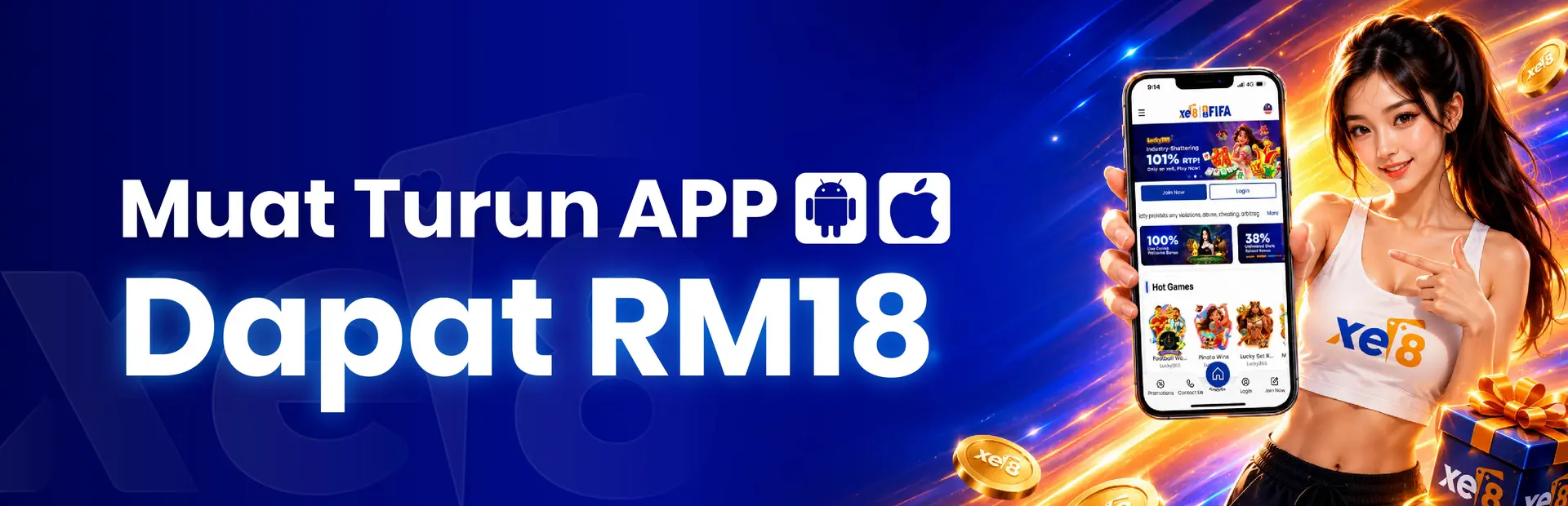 Promosi pemasangan aplikasi xe8 — muat turun aplikasi dan buat deposit pertama untuk kredit slot percuma sehingga RM18