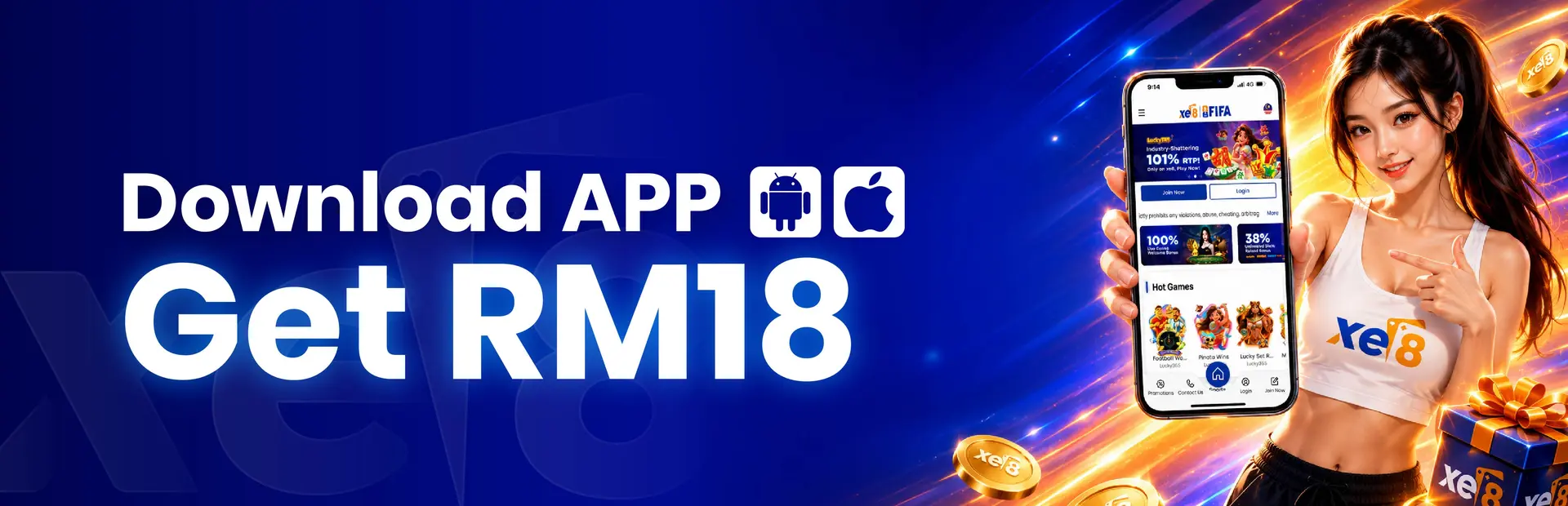 xe8 app install promotion — download the app and make a first deposit to get up to RM18 free slot credit