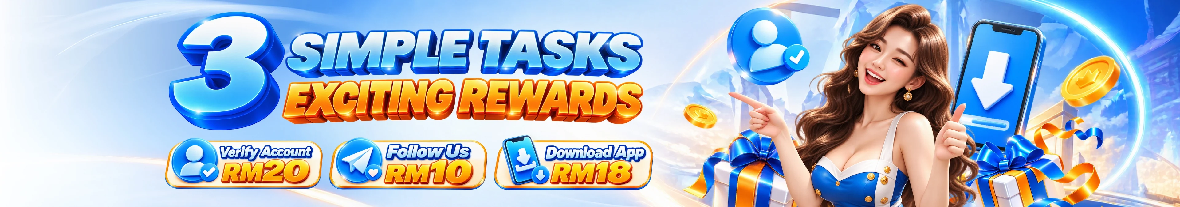 3 Simple Tasks, Exciting Rewards: Verify Account RM20, Follow Us RM10, Download App RM18 at xe8 Casino Malaysia